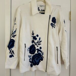 Chicos White Floral-Embroidered Asymmetrical Zip Jacket women’s 3 NWT